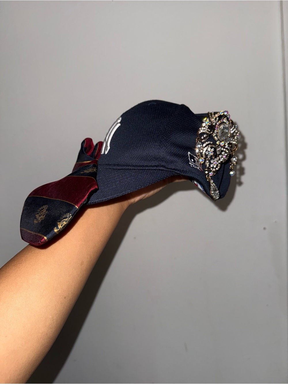 Navy Baseball Cap with Crystal Brooch and Burgundy Silk Scarf Detail